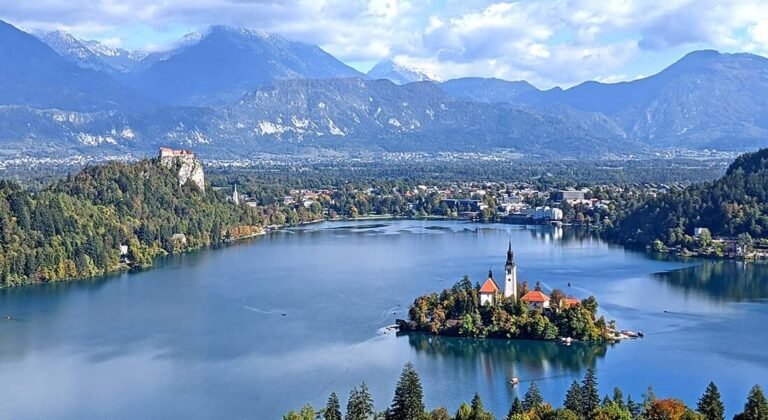 Bled, a town on a lake with a castle.